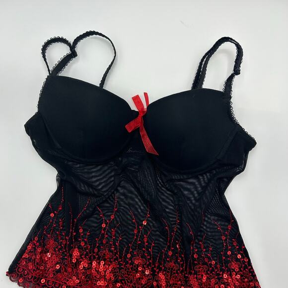 Frederick’s of Hollywood Bustier 34B Black Mesh Red Sequin Lace Trim Corset Top - Picture 5 of 8